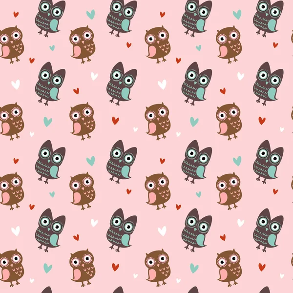 Valentine seamless texture with owls and hearts — Stock Vector