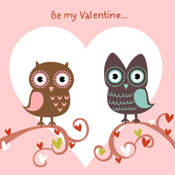 Tarjeta de amor de San Valentín con búhos y corazones — Vector de stock