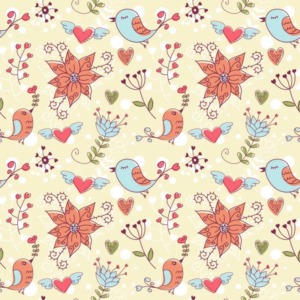 Liebe nahtlose Textur mit Blumen und Vögeln — Stockvektor