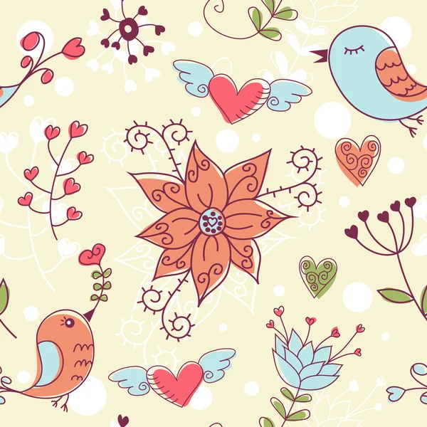 Liefde naadloze textuur met bloemen en vogels — Stockvector