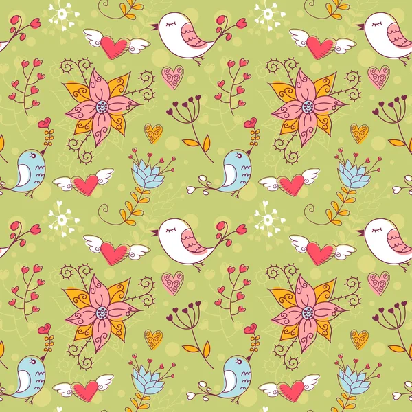 Amor textura sem costura com flores e pássaros — Vetor de Stock