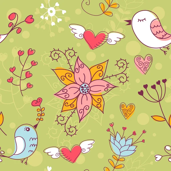 Láska bezešvá textura květin a ptáků — Stockový vektor