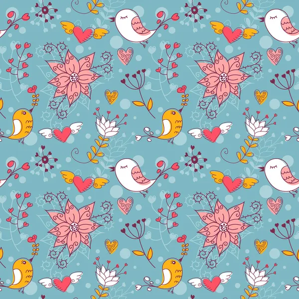 Amor textura sin costuras con flores y pájaros — Vector de stock