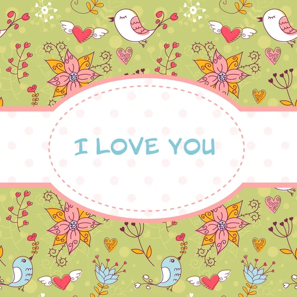 Bonita postal de invitación con pájaros y flores — Vector de stock