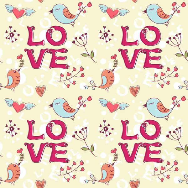 Amor textura sin costuras con flores y pájaros — Archivo Imágenes Vectoriales