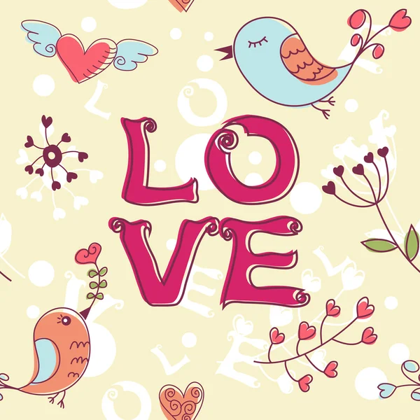 Amor textura sem costura com flores e pássaros — Vetor de Stock