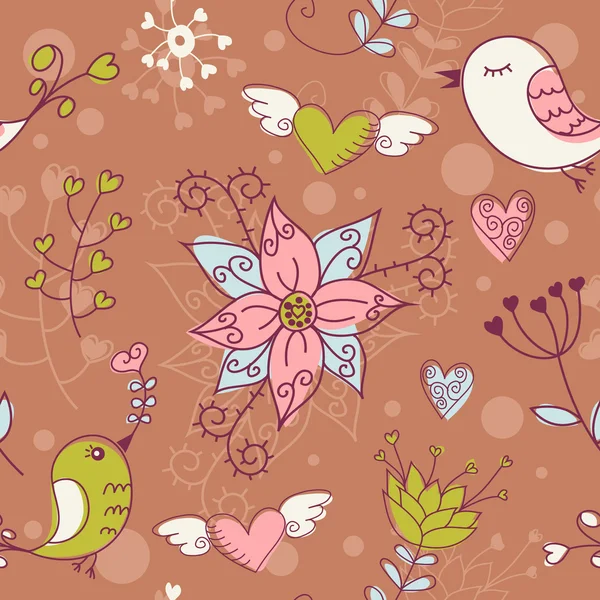 Amor textura sin costuras con flores y pájaros — Vector de stock