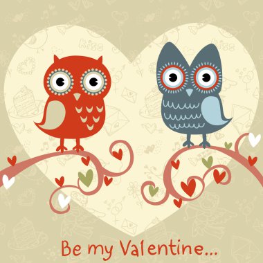 Valentine love card with owls and hearts clipart