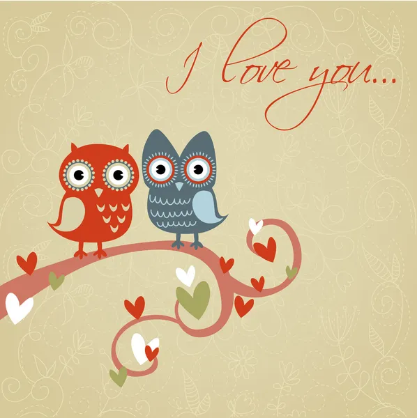 Tarjeta de amor de San Valentín con búhos y corazones — Archivo Imágenes Vectoriales