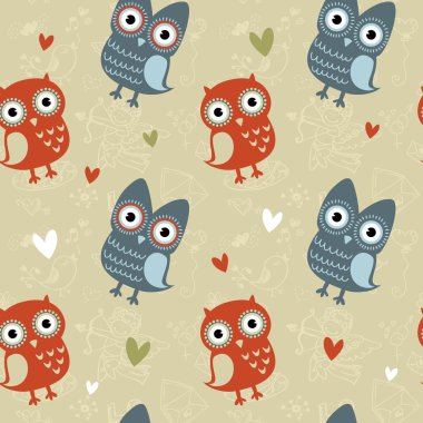 Valentine seamless texture with owls and hearts clipart