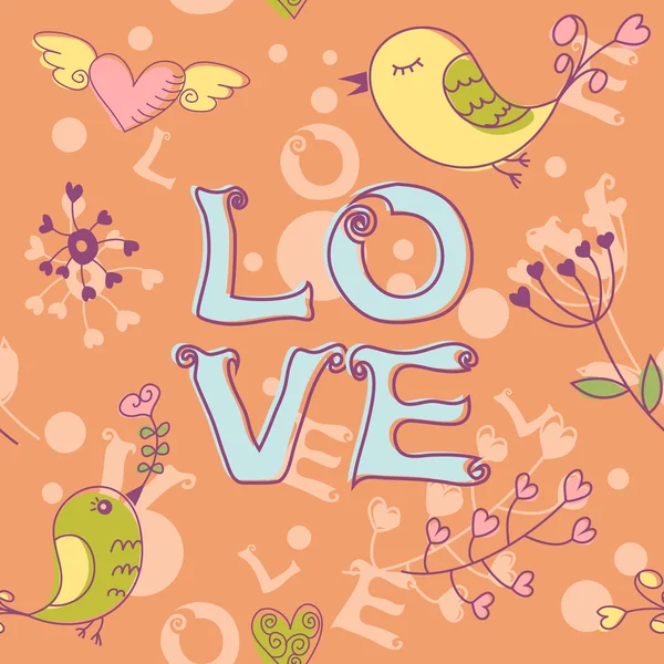 Αγάπη άνευ ραφής υφή με λουλούδια και πουλιά — Διανυσματικό Αρχείο
