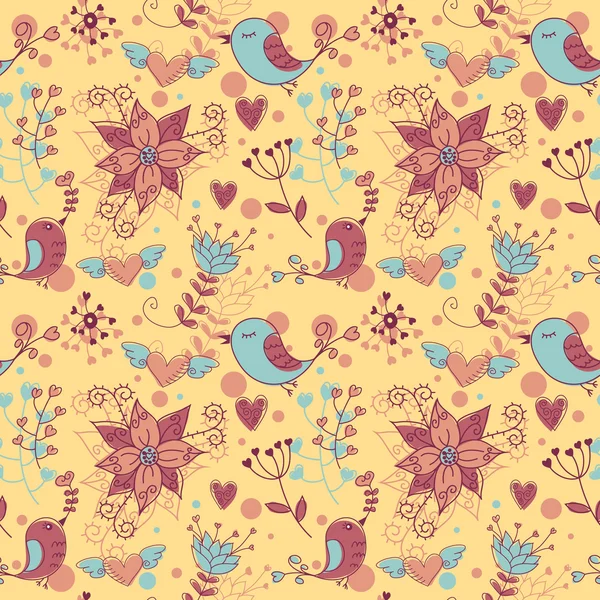 Texture sans couture Love avec fleurs et oiseaux — Image vectorielle