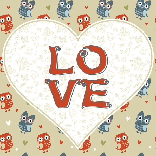 Κάρτα του Αγίου Βαλεντίνου αγάπη με κουκουβάγιες και καρδιές — Διανυσματικό Αρχείο