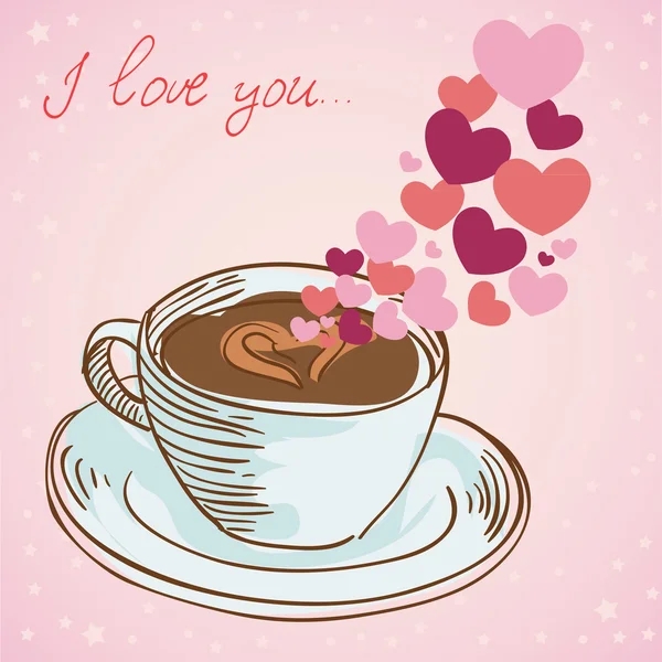 Coeurs tasse de café carte de voeux — Image vectorielle