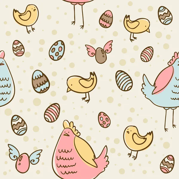 复活节蛋，母鸡和鸡的无缝纹理 — 图库矢量图片
