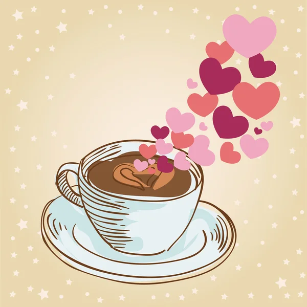 Herzen Kaffeetasse Grußkarte — Stockvektor