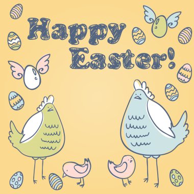 Cute Easter card with hen, chicken and eggs clipart