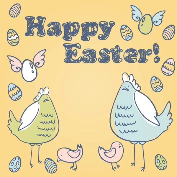 Roztomilý Velikonoční přání s slepice, kuře a vejce — Stockový vektor
