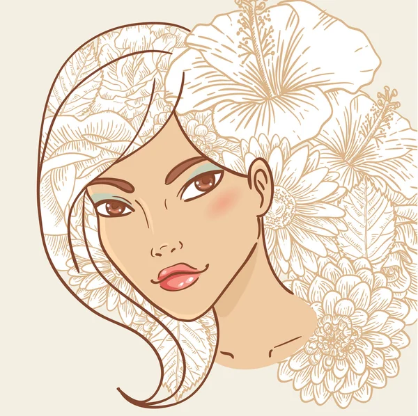 Ελκυστική χαμογελώντας νεαρή γυναίκα με floral μαλλιά — Διανυσματικό Αρχείο