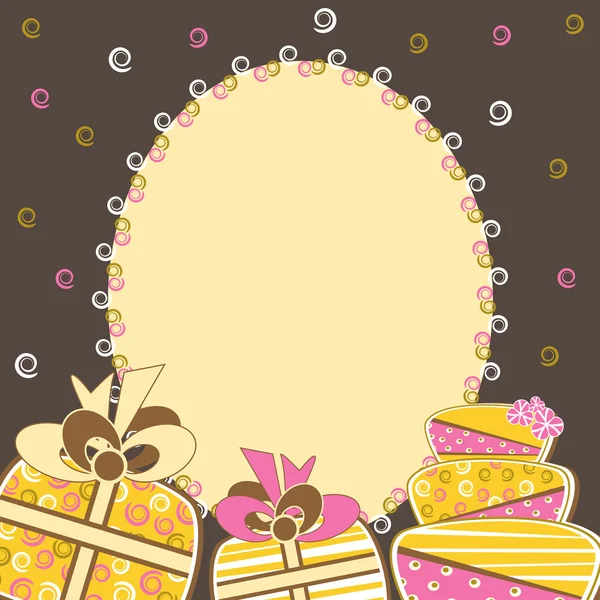 Tarjeta de invitación con pastel y regalos — Vector de stock