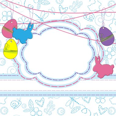 Easter greeting card with eggs and rabbits clipart