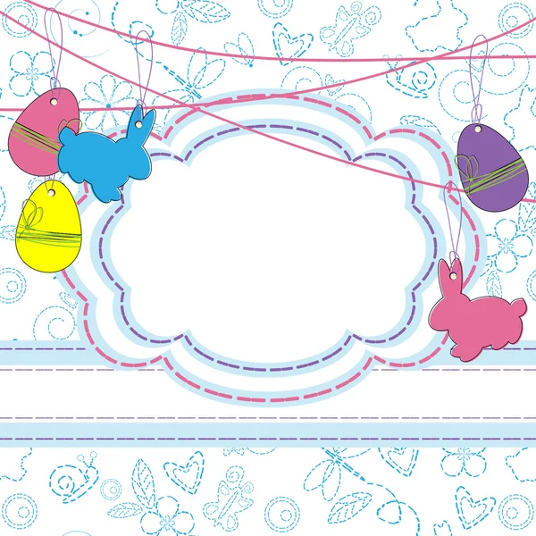 复活节贺卡，上面有鸡蛋和兔子 — 图库矢量图片