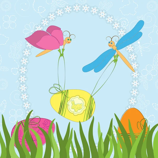 Velikonoční přání s vážka a vejcem — Stockový vektor