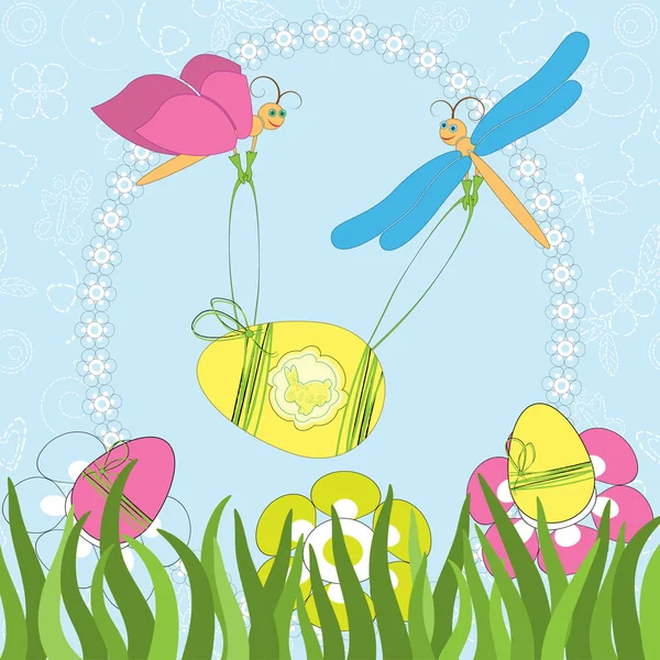 Πάσχα ευχετήρια κάρτα με την dragonfly και αυγό — Διανυσματικό Αρχείο