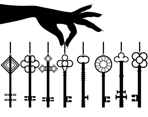 Silhueta feminina mão segurar conjunto chave — Vetor de Stock