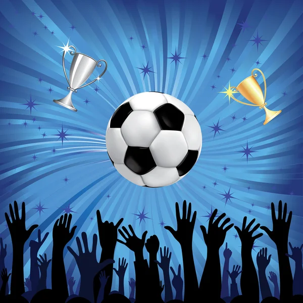 Pallone da calcio per lo sport calcistico con le silhouette delle mani dei tifosi — Vettoriale Stock