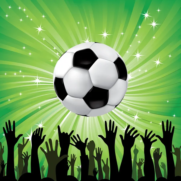 Футбольный мяч для футбольных видов спорта с силуэтами рук болельщиков — стоковый вектор