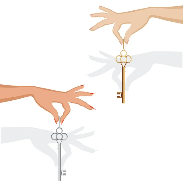 Conjunto de silhueta feminina mão segurar chave de metal — Vetor de Stock