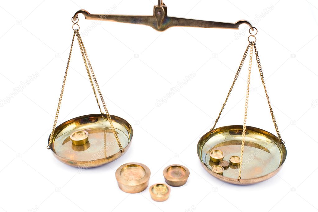 Golden balance scales with weights