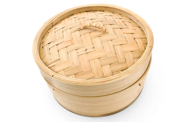 Piroscafo a cesto di bambù con coperchio aperto — Foto Stock