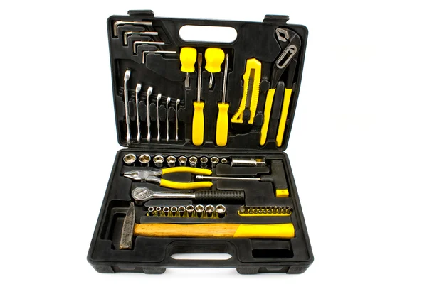 Set of various chrome yellow tools in box — Stock Photo, Image