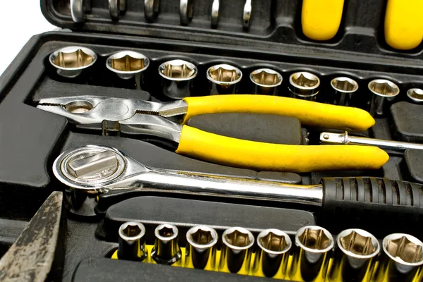 Set voor verschillende chrome yellow tools in vak — Stockfoto