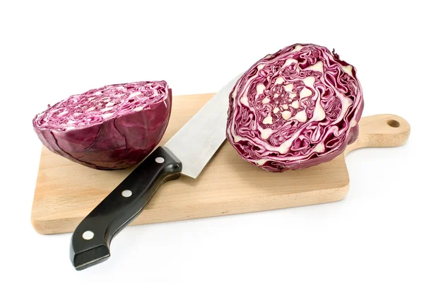 Red cabbage with knife and cutting board — Stock Photo, Image