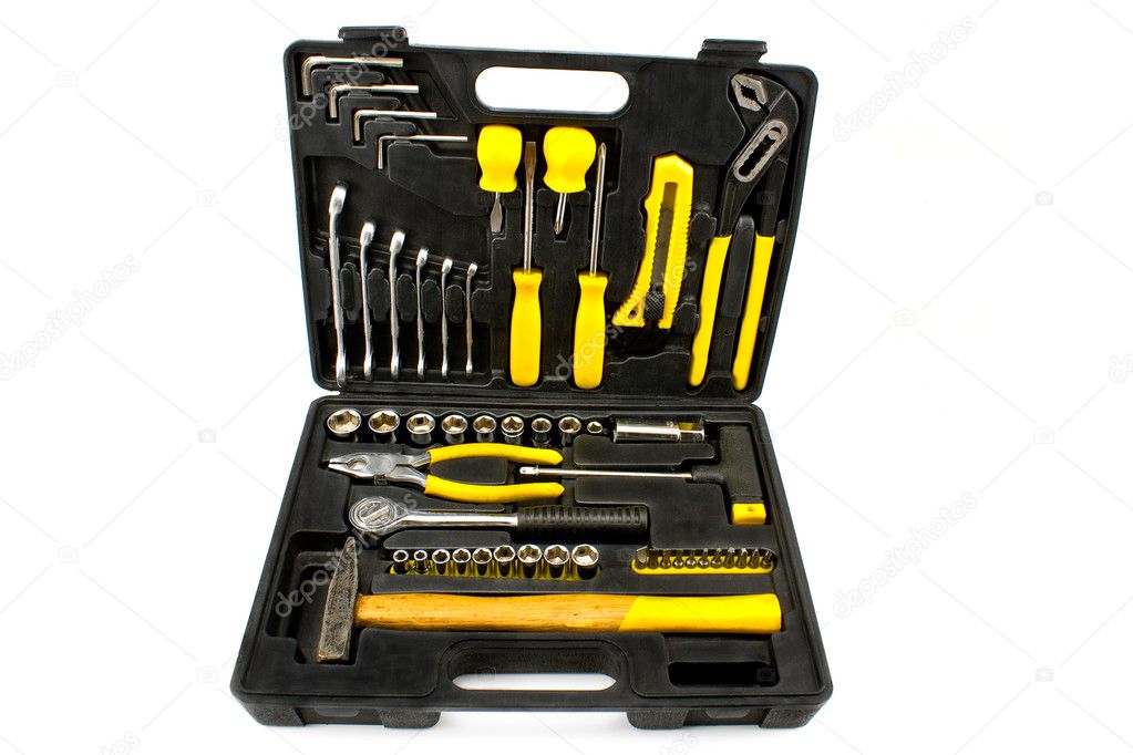 Set of various chrome yellow tools in box