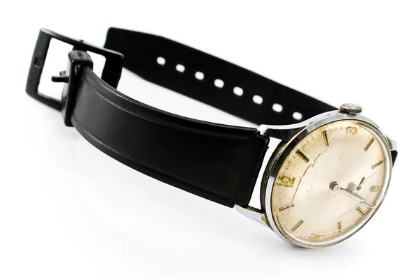 Antiguo reloj de pulsera roto con correa negra — Foto de Stock