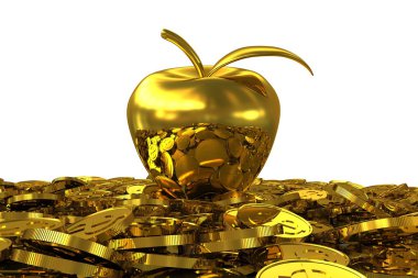Golden Apple on the golden dollar coins. 3D rendering