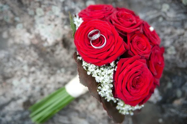 Rosas vermelhas com anéis de casamento — Fotografia de Stock