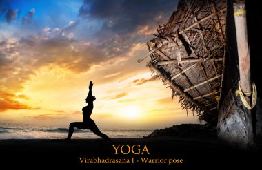 Yoga silhouette warrior pose near boat clipart