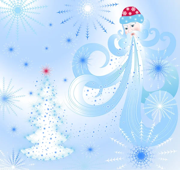 Santa Claus está soplando en el árbol de Navidad — Vector de stock