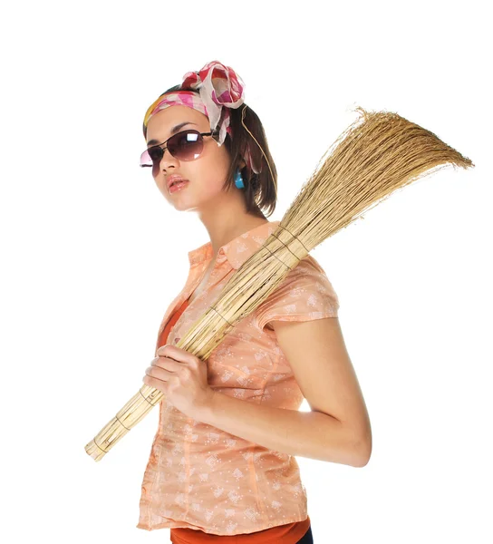 Lány egy seprű — Stock Fotó