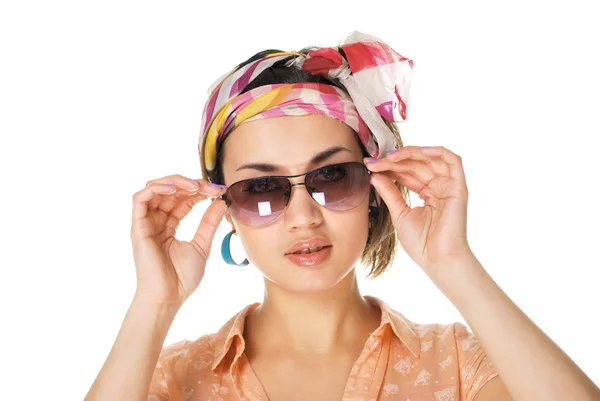 Menina bonita em óculos contra fundo branco isolado — Fotografia de Stock