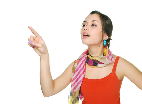 Mujer tocando una pantalla imaginaria con su dedo - aislado — Foto de Stock