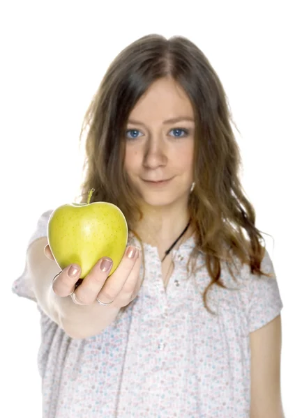 Menina loira bonita com maçã — Fotografia de Stock