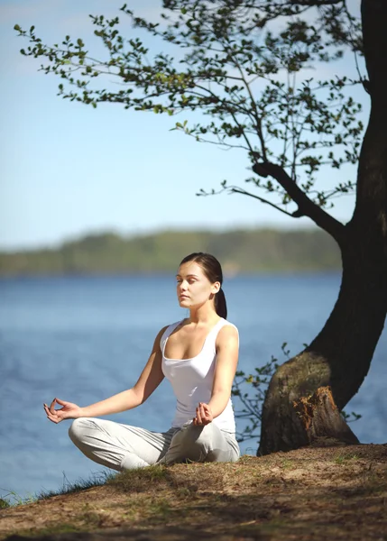 Красивая молодая девушка тренирует йогу у озера — стоковое фото