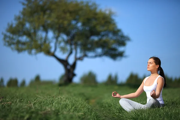 Schönes junges Mädchen trainiert Yoga auf sonniger Wiese — Stockfoto