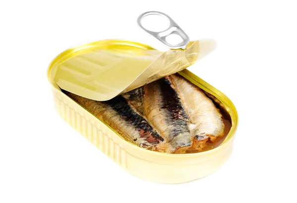 Open can of sardines in oil isolated on white — Stock Photo, Image